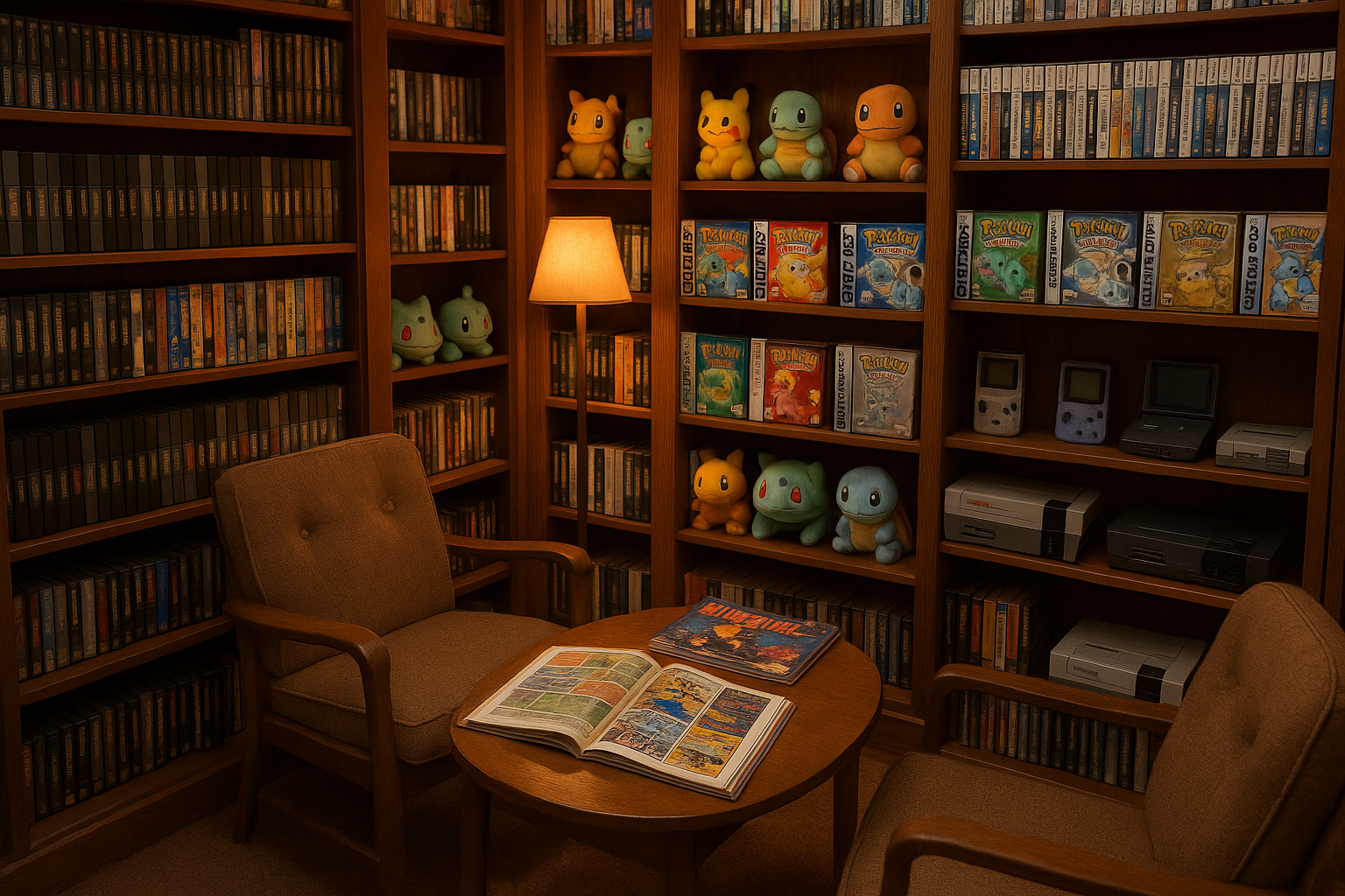 Video game and pokemon library scene 
