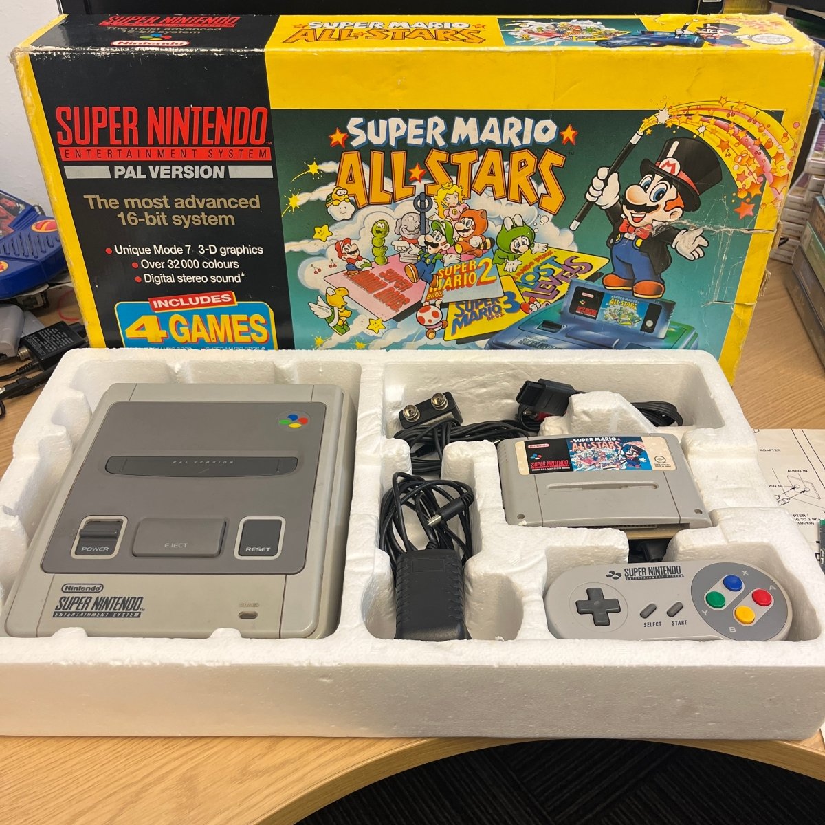 Buy Super Nintendo Yellow mario all stars boxed console -@ 8BitBeyond